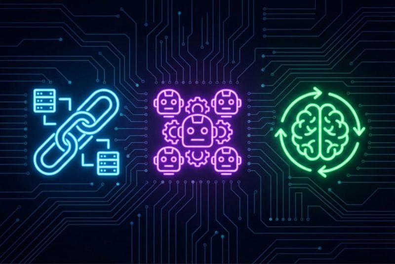 Logotypy frameworków CrewAI, LangChain i Make na ekranie dewelopera