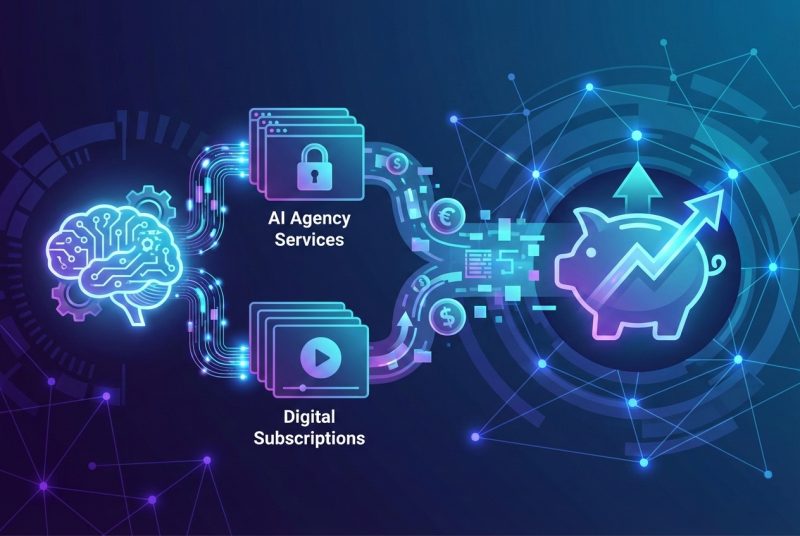 Wykresy przychodów agencji automatyzacji AI i ikony subskrypcji