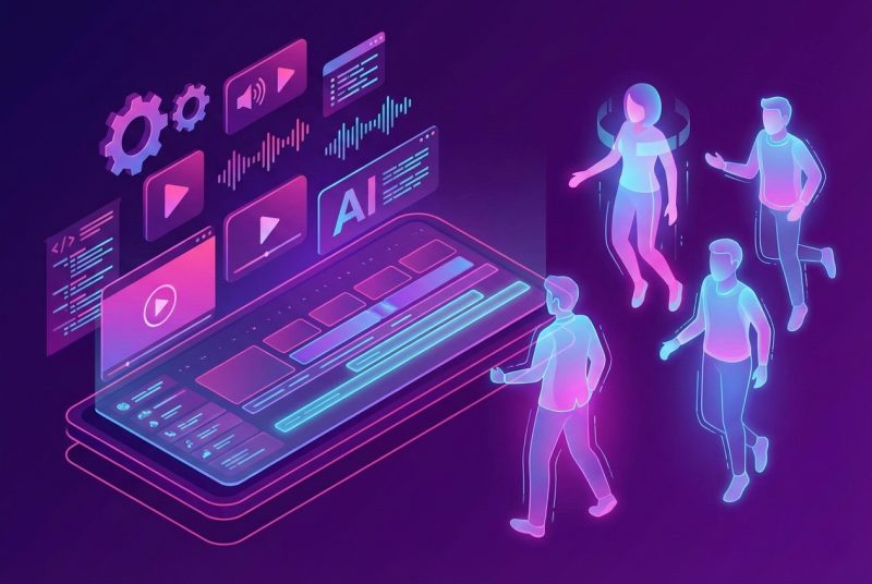 Interfejsy narzędzi ElevenLabs i InVideo AI na pulpicie twórcy