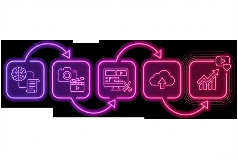 Schemat workflow produkcji filmu AI od scenariusza do publikacji
