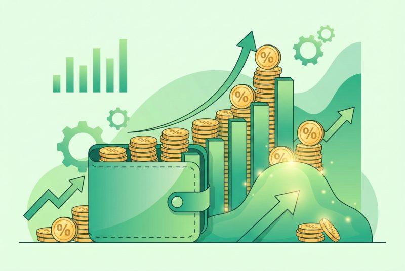 Stos monet i banknotów z ikoną procentu zwrotu obok smartfona