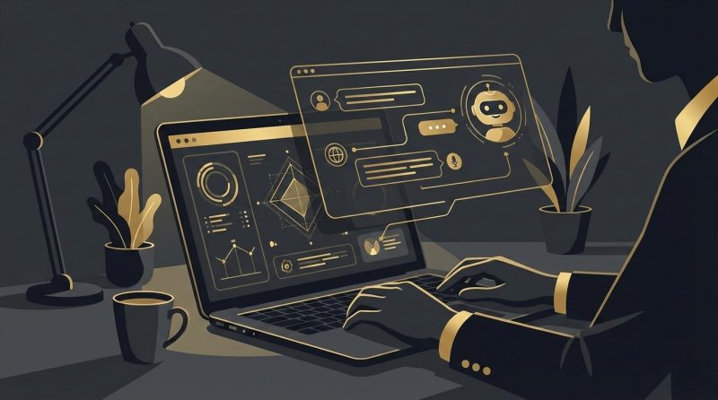 Nowoczesny interfejs chatbota AI na laptopie przedsiębiorcy