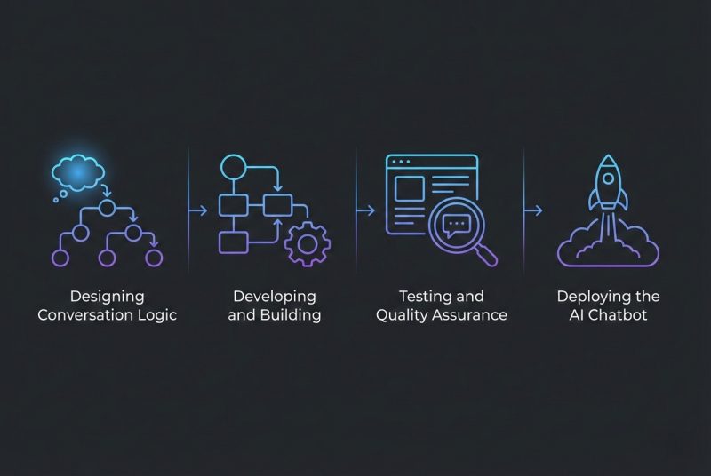 Schemat workflow budowy chatbota od danych do wdrożenia