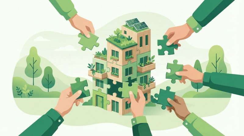 Budynek z klocków układany przez wiele rąk, symbolizujący crowdfunding nieruchomości