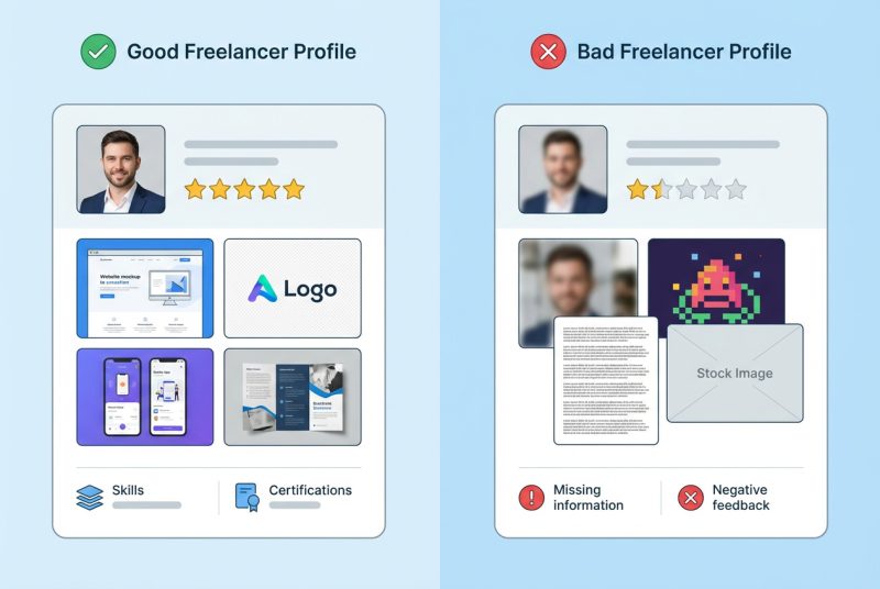 Profesjonalny profil freelancera na ekranie laptopa z wysokimi ocenami