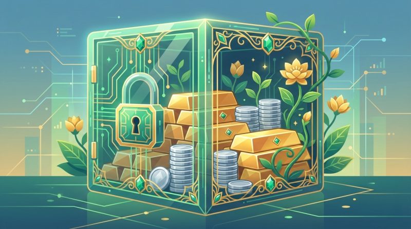 Sztabki złota i monety bulionowe w sejfie, oświetlone profesjonalnym światłem