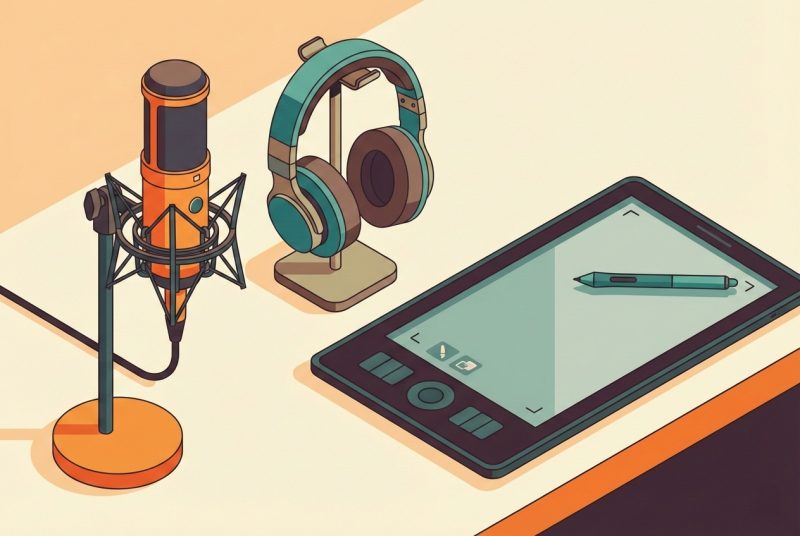 Zestaw profesjonalnego korepetytora: tablet graficzny, słuchawki, dobry mikrofon i laptop