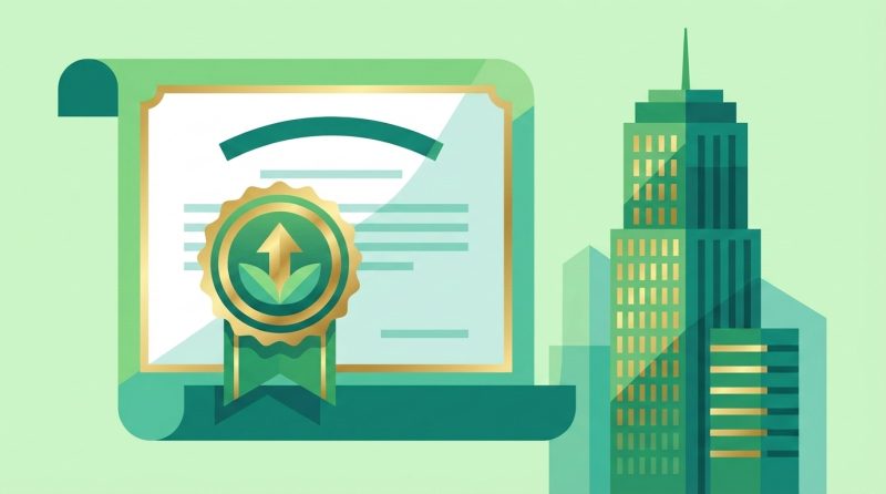 Złota pieczęć z certyfikatem długu korporacyjnego na tle biurowca