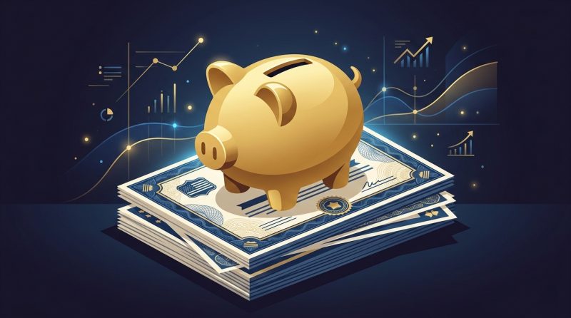 Złota skarbonka na stosie obligacji skarbowych