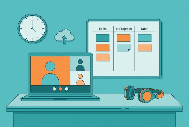 Laptop z otwartymi narzędziami do pracy zdalnej: Slack, Zoom, Trello