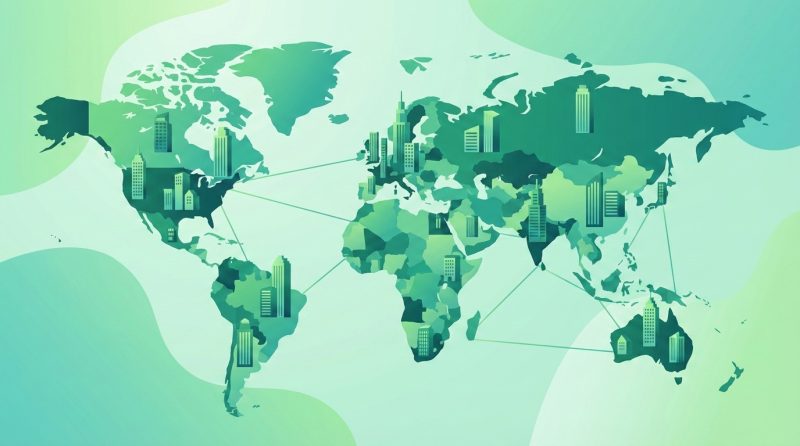 Mapa świata z ikonami biurowców reprezentująca globalny portfel REIT