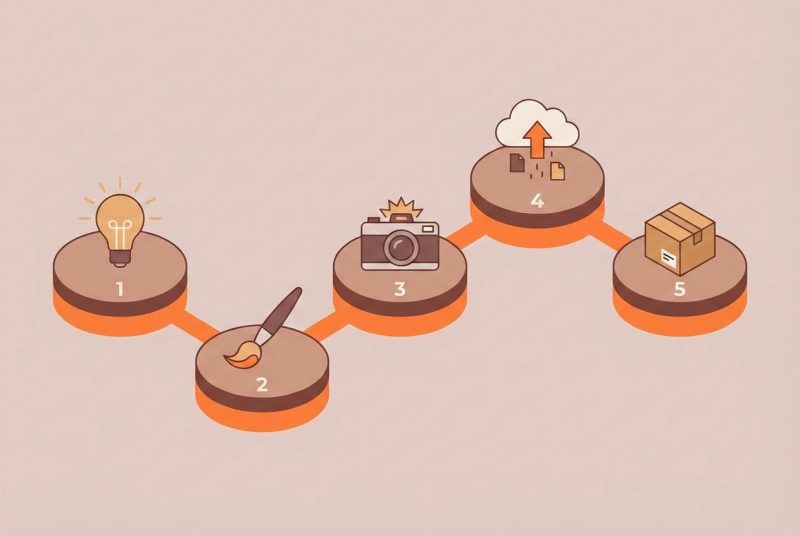 Grafika przedstawiająca kroki od stworzenia produktu do pierwszej sprzedaży na Etsy