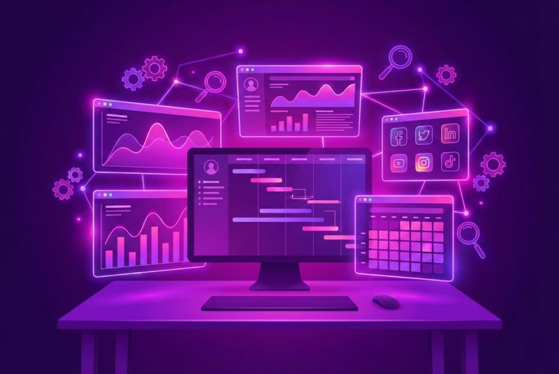 Ekran z otwartymi aplikacjami Metricool, Canva i panelem AI do generowania postów