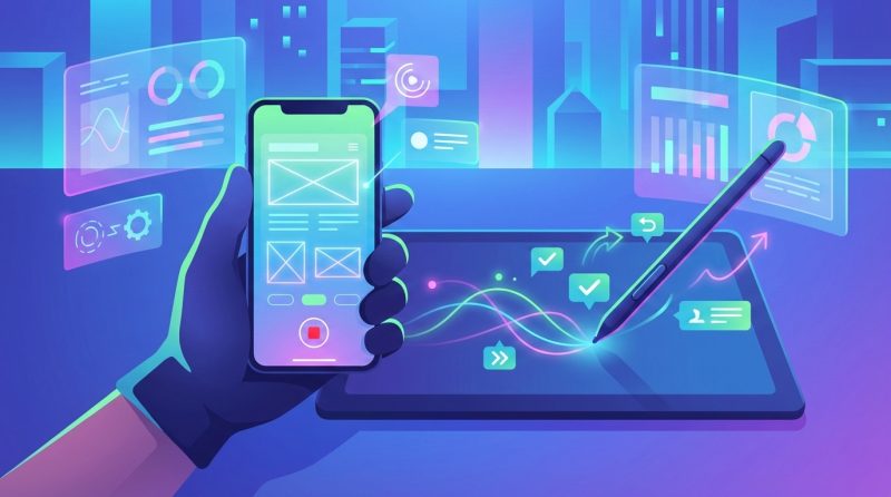 Osoba testująca aplikację mobilną i nagrywająca feedback głosowy
