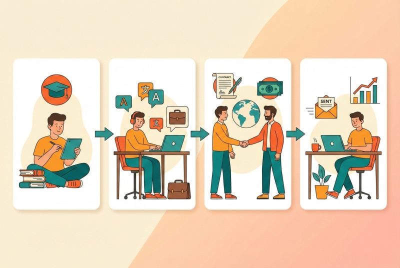 Grafika przedstawiająca kroki od nauki języka do stałej bazy zagranicznych klientów