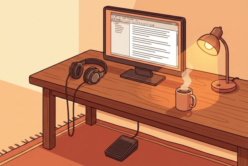 Narzędzia do transkrypcji: słuchawki, stopka, oprogramowanie