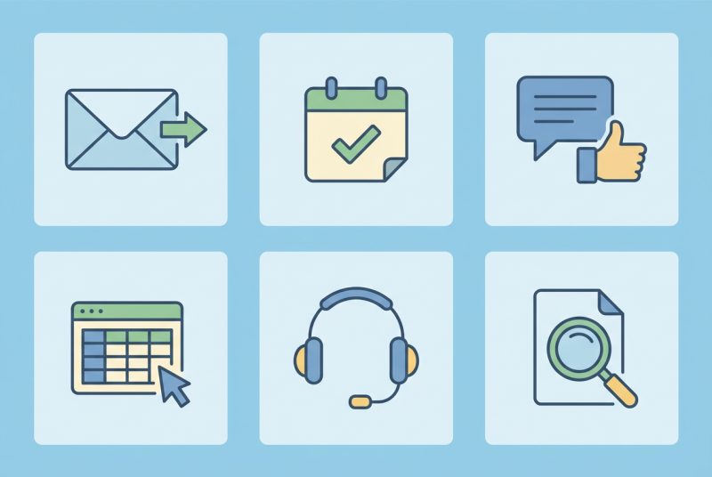 Wirtualna asystentka pracująca przy biurku z wieloma ikonami narzędzi cyfrowych