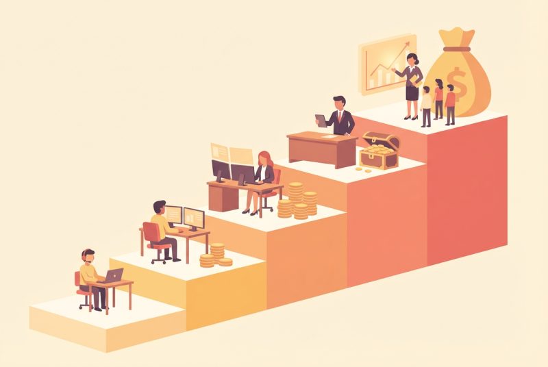 Zadowolona kobieta pracująca zdalnie z laptopem, w tle wykresy wzrostu zarobków