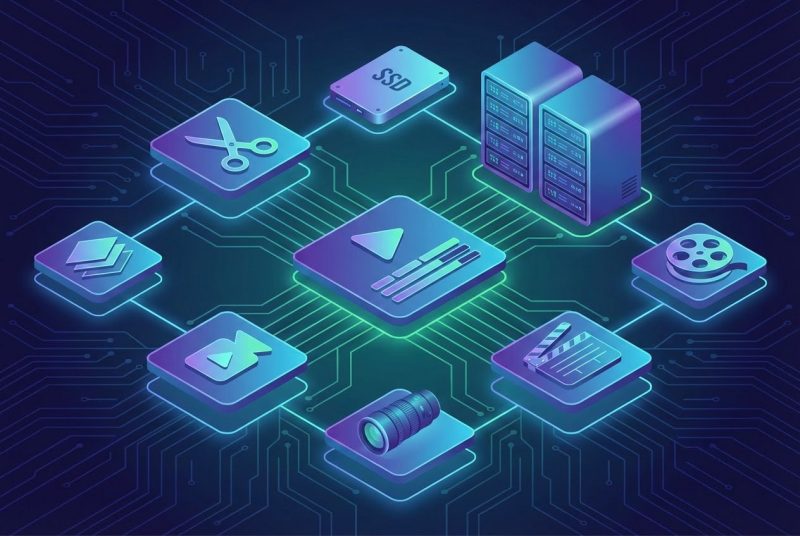 Ikony programów DaVinci Resolve, Premiere Pro i CapCut na pulpicie montażysty