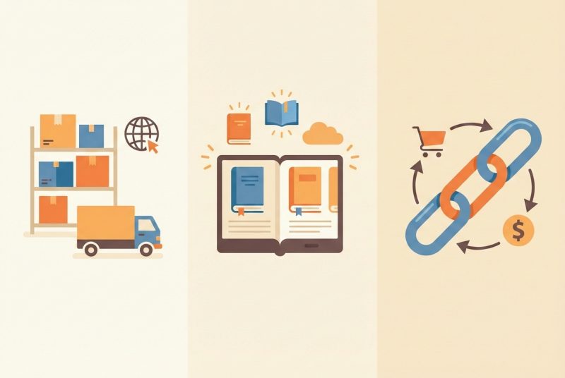 Schemat trzech dróg zarabiania na Amazonie: FBA, KDP i Afiliacja