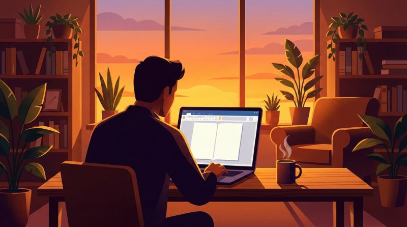 Autor piszący e-booka w przytulnym domowym biurze z czytnikiem Kindle obok