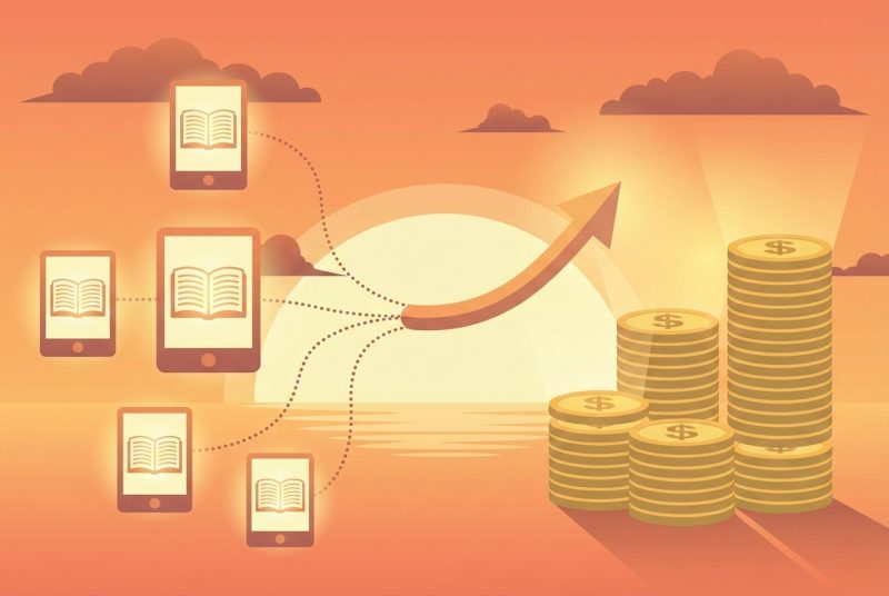 Powiadomienia o sprzedaży e-booków na smartfonie i rosnący wykres zysków