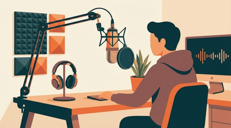 Twórca podcastu w słuchawkach mówiący do profesjonalnego mikrofonu w klimatycznym studio