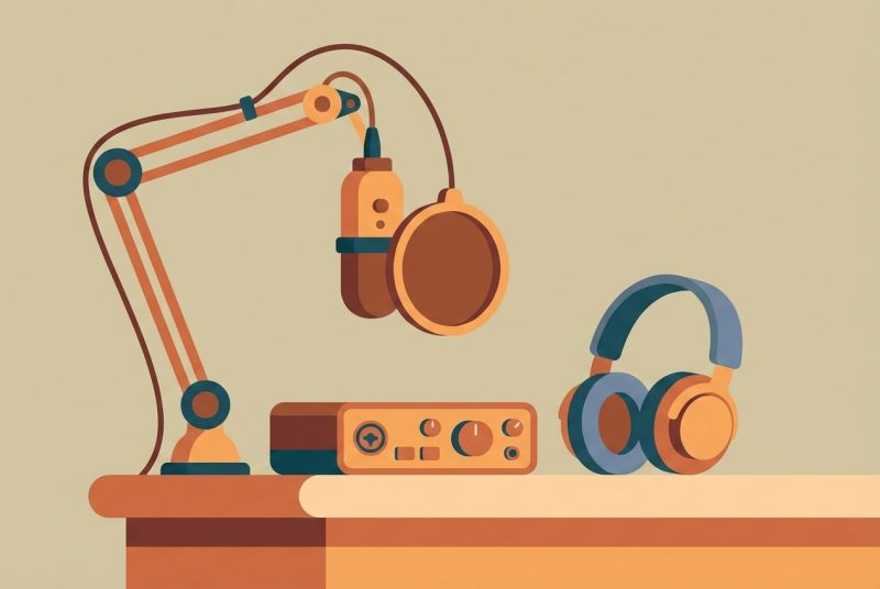 Zestaw startowy podcastera: mikrofon na ramieniu, słuchawki i laptop z programem do montażu