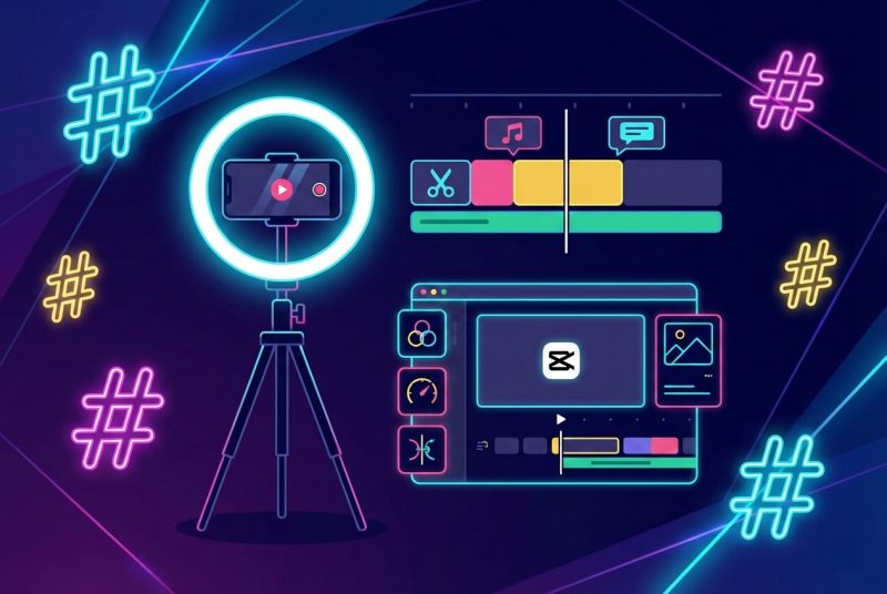 Ekran smartfona z aplikacjami CapCut, ManyChat i panelem analitycznym