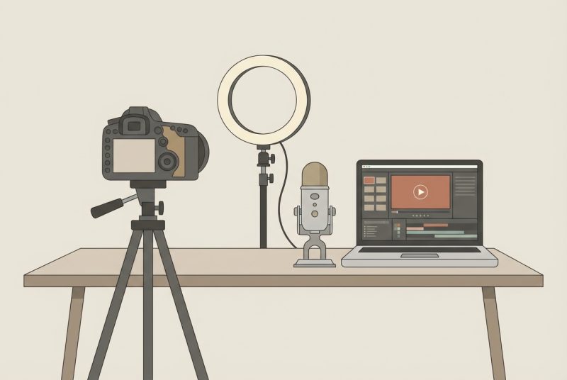 Zestaw startowy YouTubera: smartfon, statyw, mikrofon i oświetlenie pierścieniowe